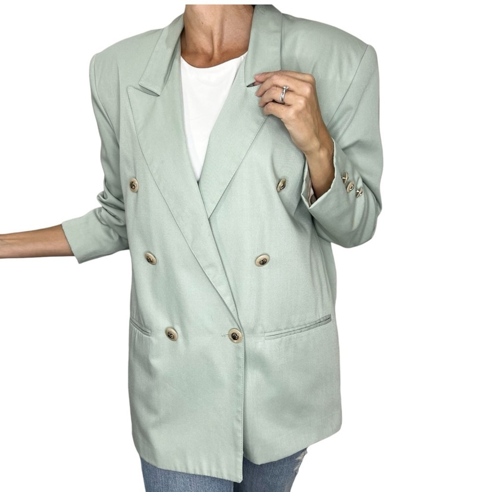 Vintage 90s sage green double breasted power shoulder blazer jacket 9